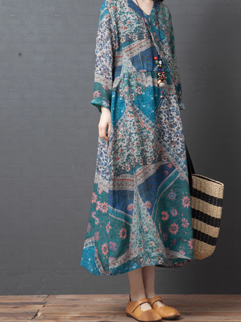 V-Neck Floral Print Long Sleeve Loose A-Line Midi Dress 8