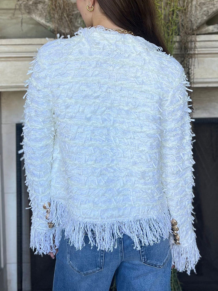 Fringe Trim Tweed Gold Button Cropped Jacket 8
