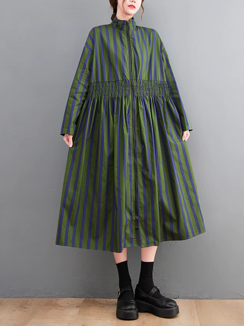 Stand Collar Striped Zip Front Shirred Long Sleeve A-Line Midi Dress