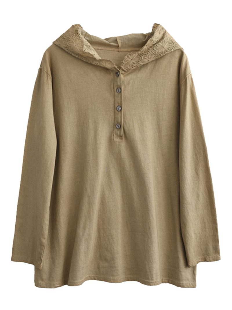 Lace Trim Hooded Button Placket Long Sleeve Loose Pullover Hoodie 9