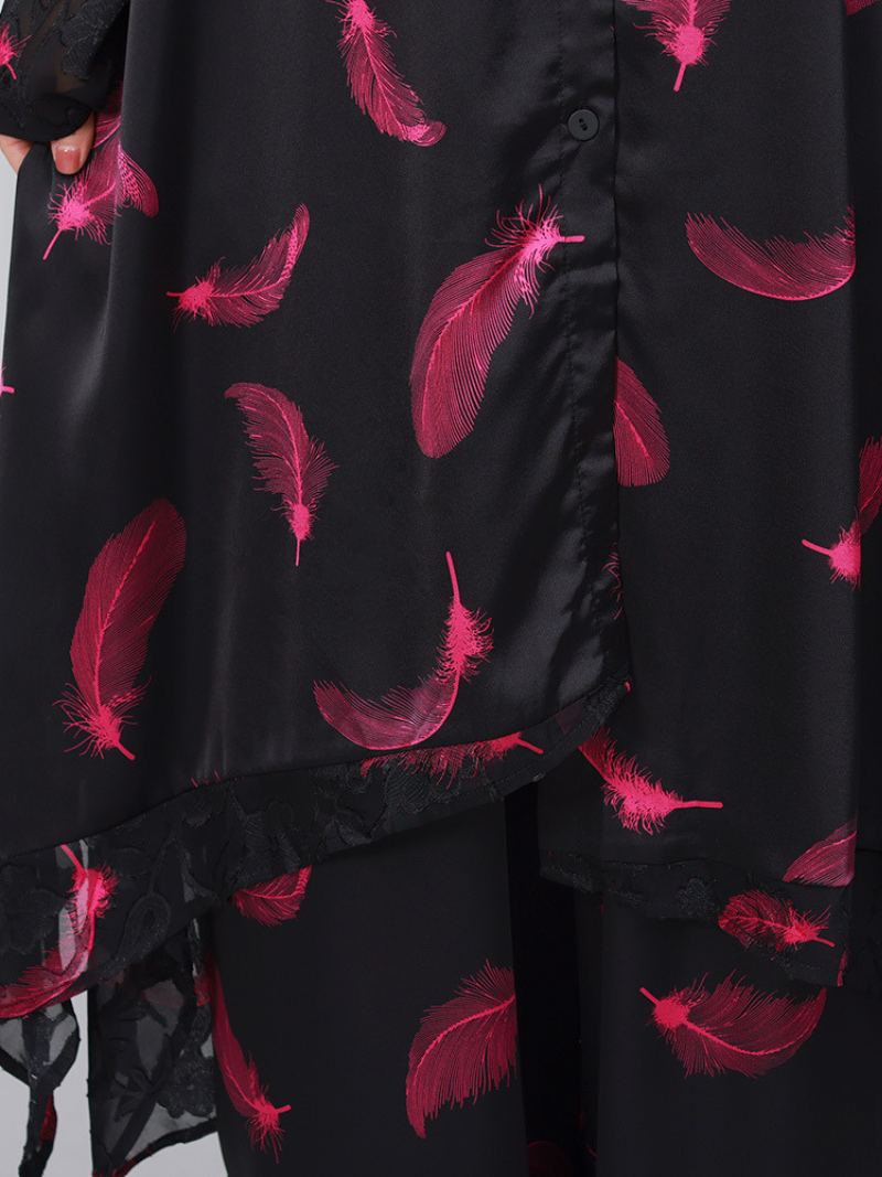 Collared Feather Print Longline Tunic Wide-Leg Pants Set