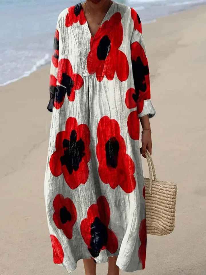 Split V-Neck Long Sleeve Floral Medallion Print Shift Maxi Dress 5