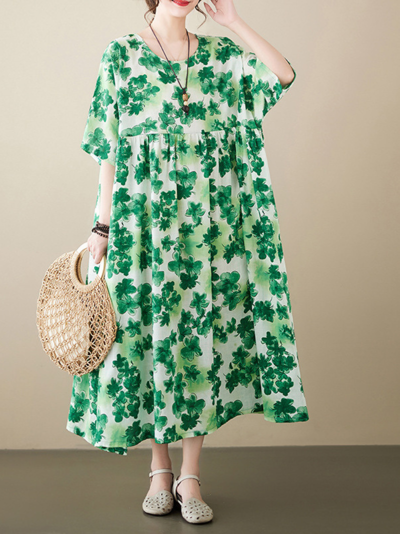 Green Round Neck Floral Print Short Sleeve Empire Smock Midi Dress 3