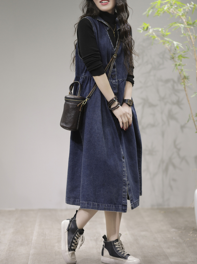 V-Neck Sleeveless Button Front Denim Smock A-Line Midi Dress