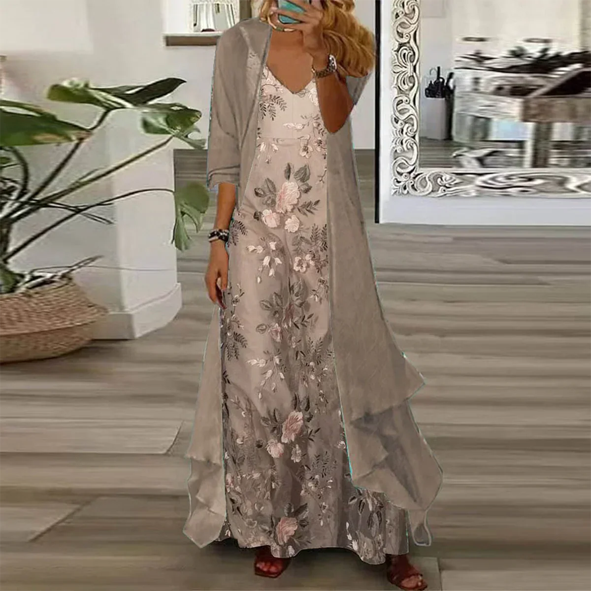 V-Neck Floral Sleeveless Maxi Dress Chiffon Duster Set