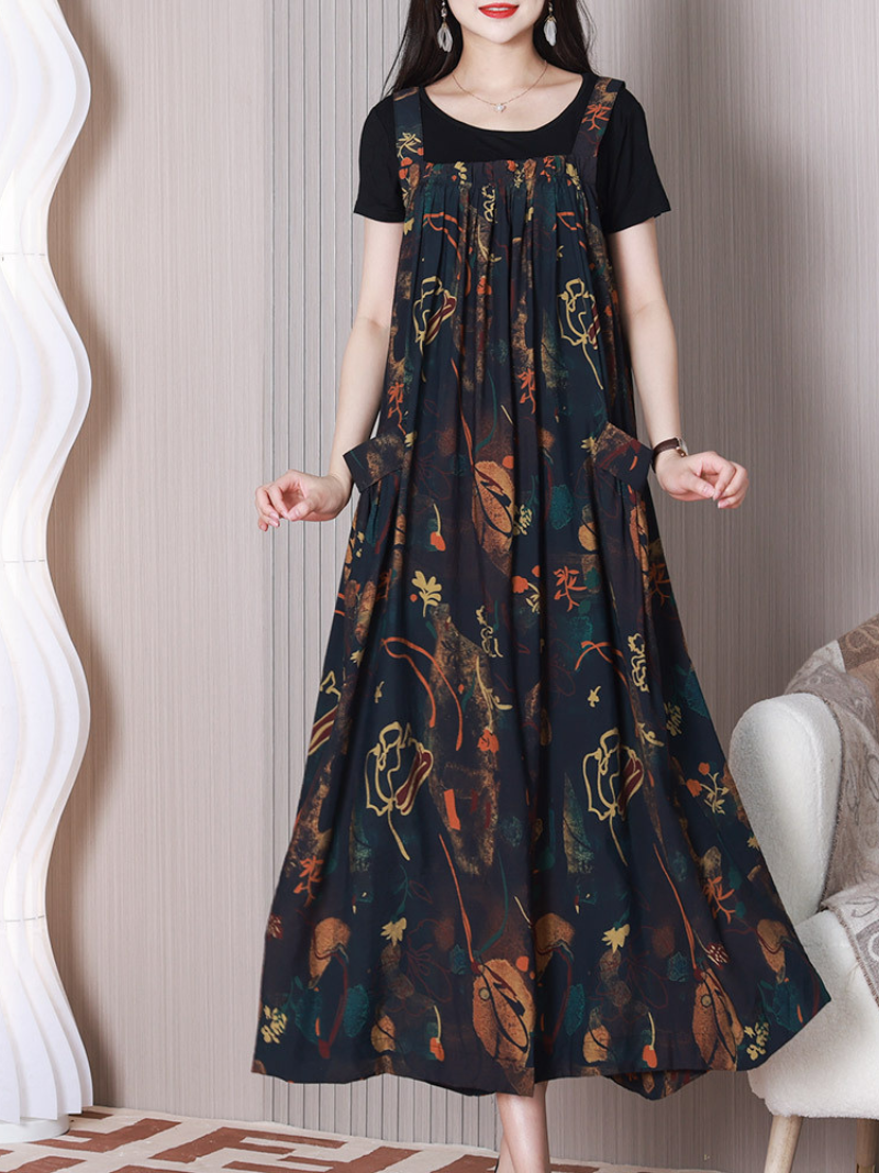 Coffee Wide Strap Floral Print Pocket Loose Pinafore Maxi Dress