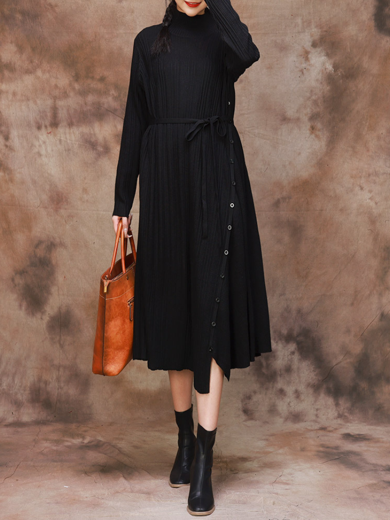 Mock Neck Long Sleeve Ribbed Knit Belted Sweater Midi Dress