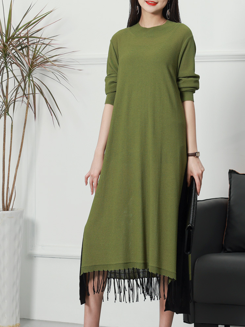 Round Neck Knit Fringe Hem Long Sleeve Loose Sweater Midi Dress 5