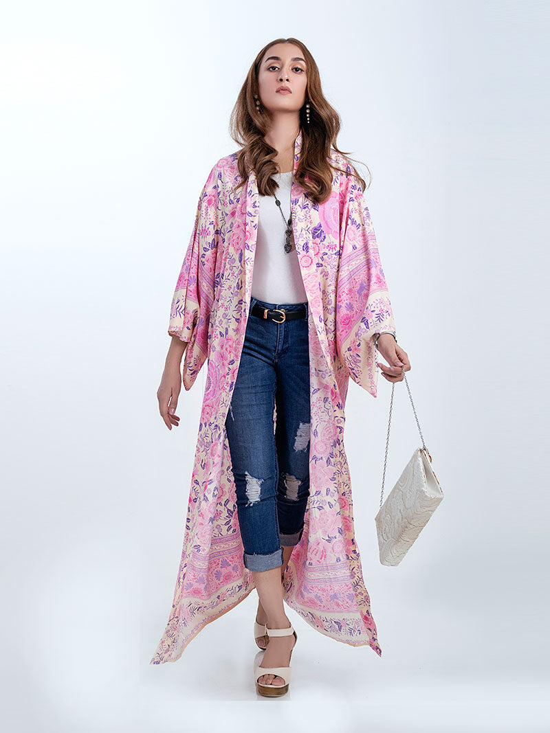 Pink Floral Print Border Trim Wide Sleeve Long Kimono