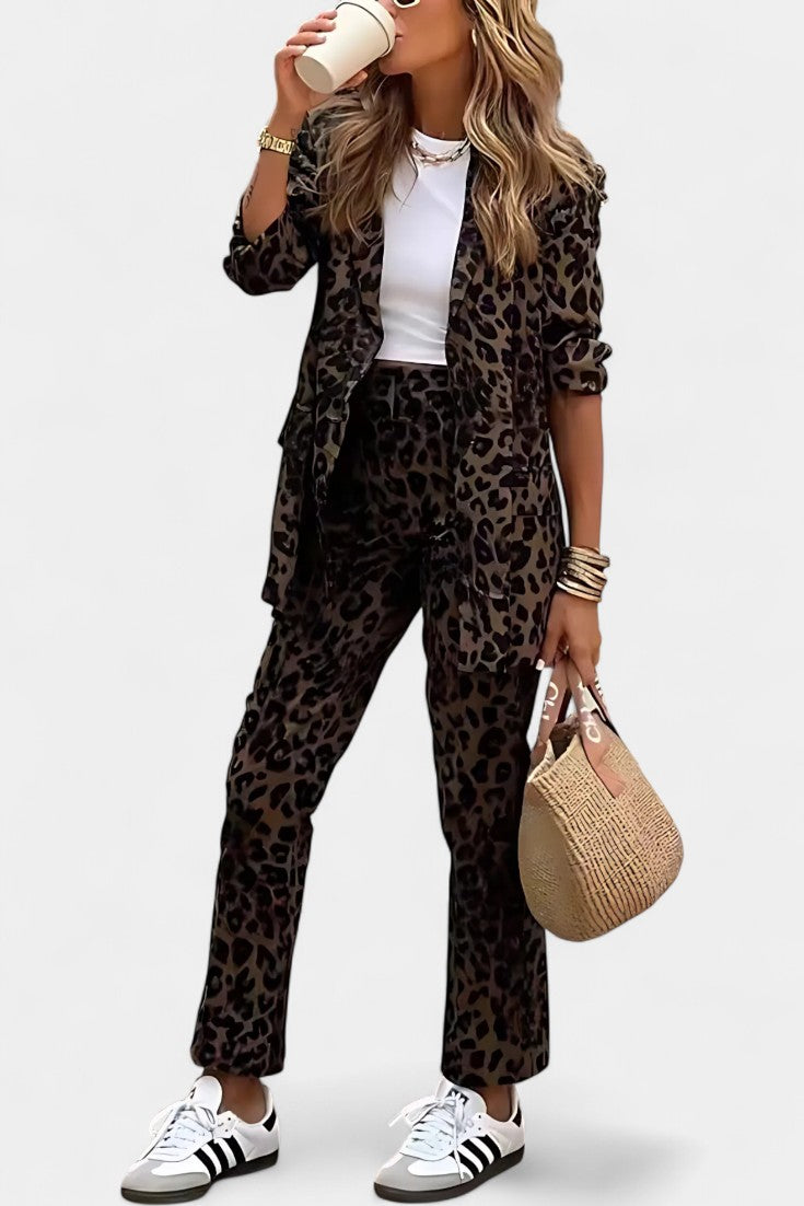 Lapel Collar Leopard Print Blazer High Waisted Trousers Set 2