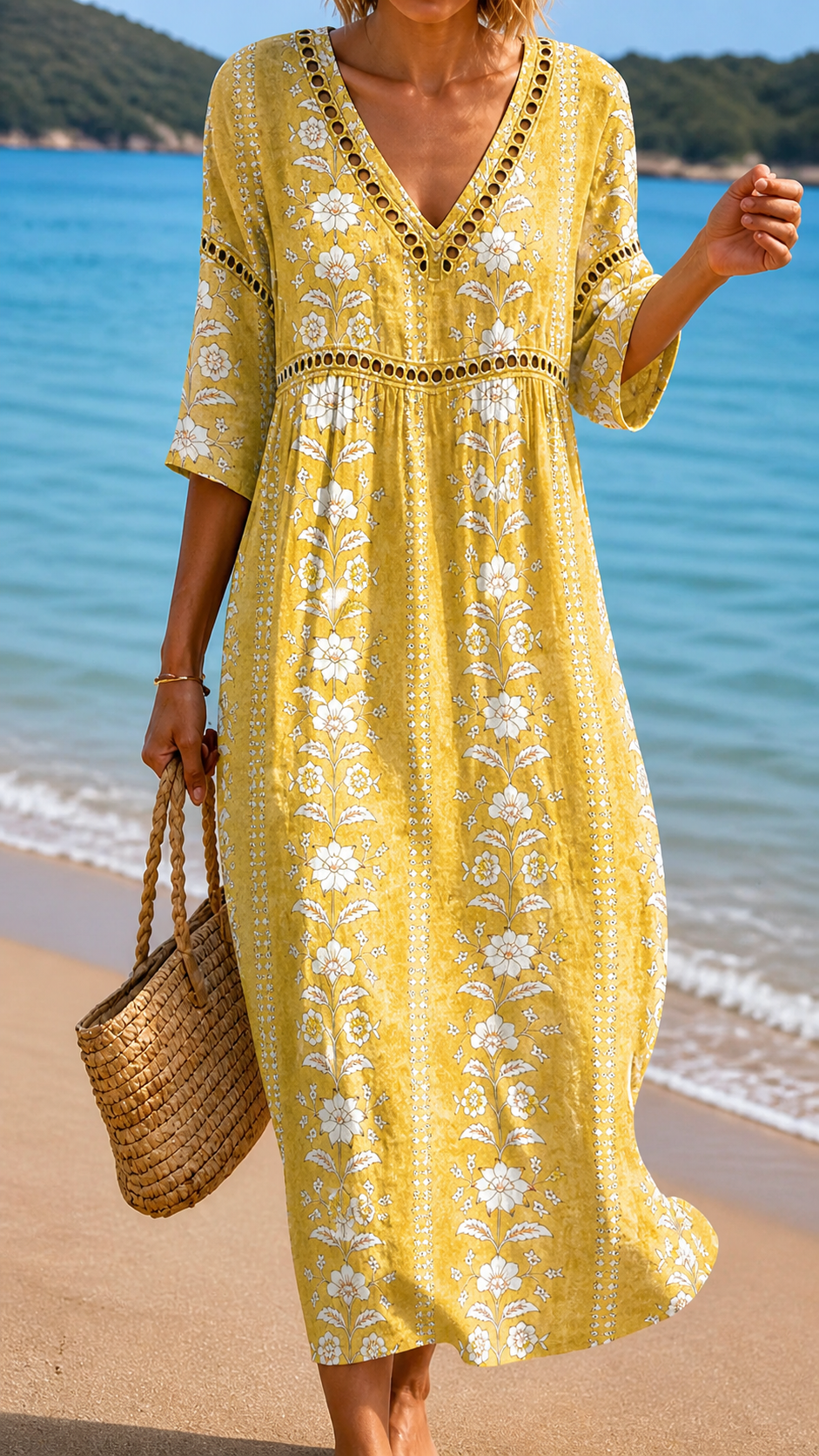 V-Neck Crochet Trim Bohemian Floral Empire Waist Maxi Dress