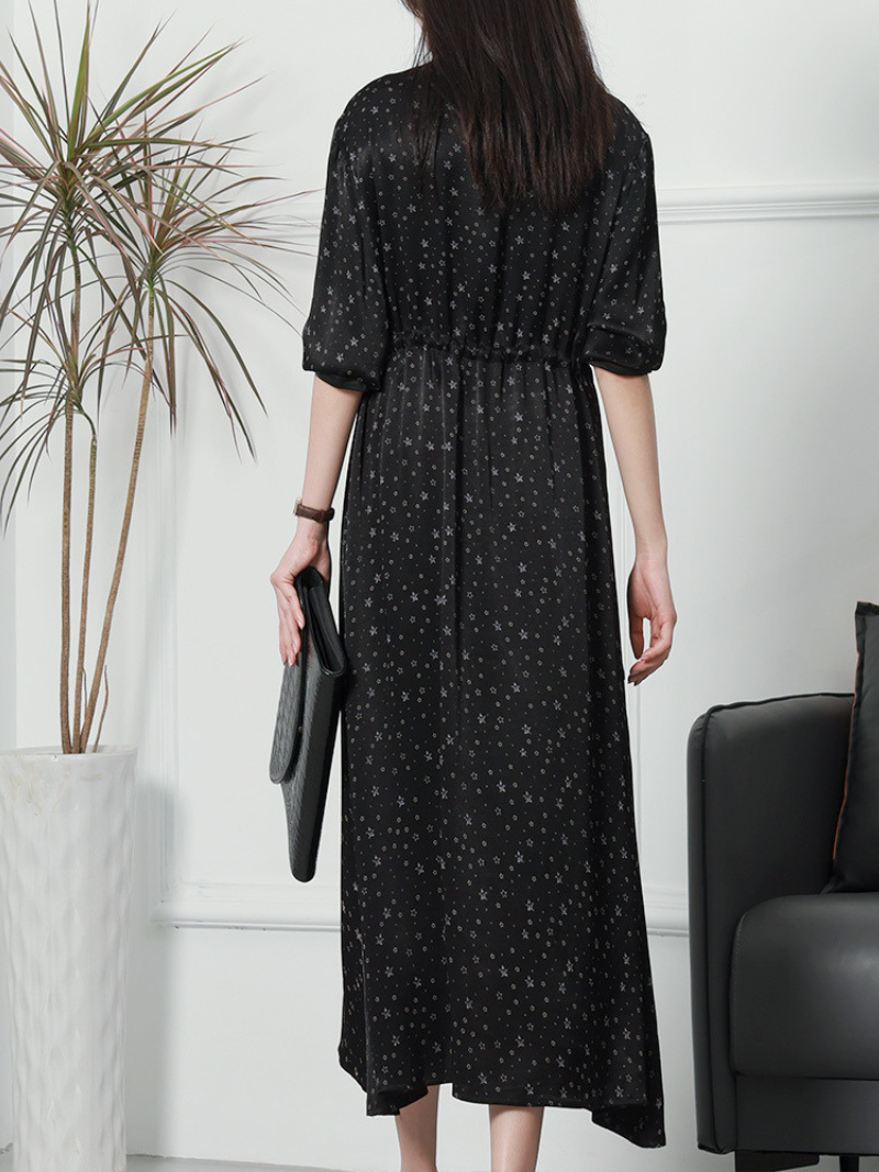 Round Neck Star Print Satin Drawstring Waist A-Line Maxi Dress 4