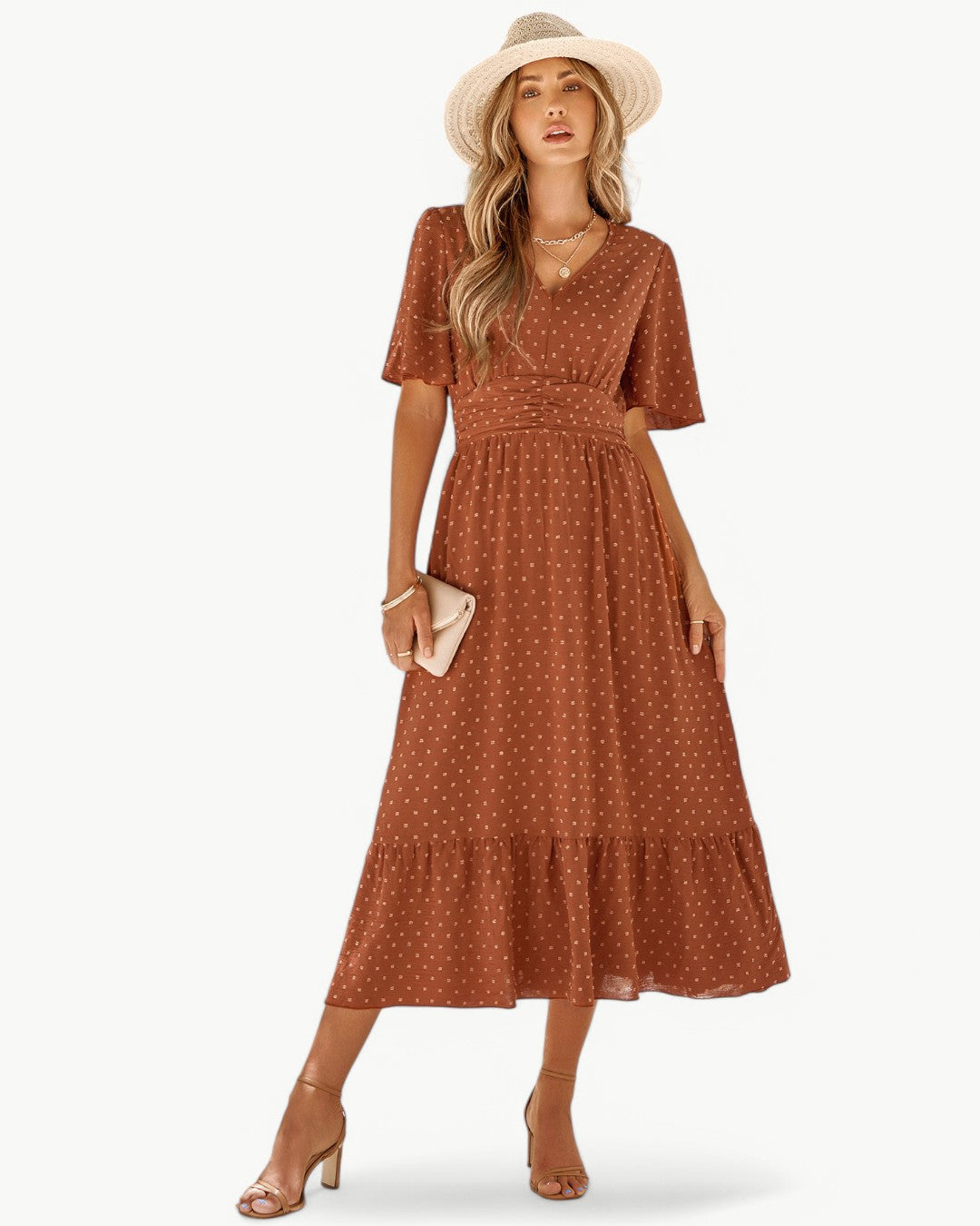 V-Neck Swiss Dot Flutter Sleeve Ruched Waist Tiered Midi Dress 3