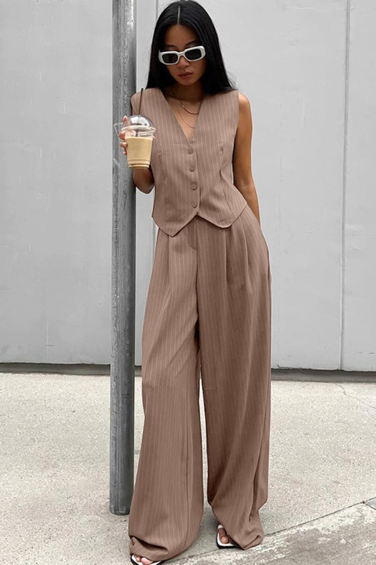 Stripe V Neck Blazer Elegant Two Piece Work Set
