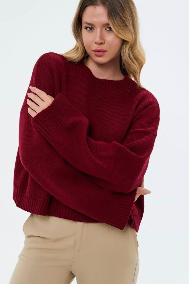 Solid Crewneck Loose Knit Sweater