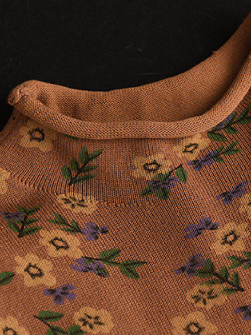 Round Neck Ditsy Floral Print Long Sleeve Knit Sweater