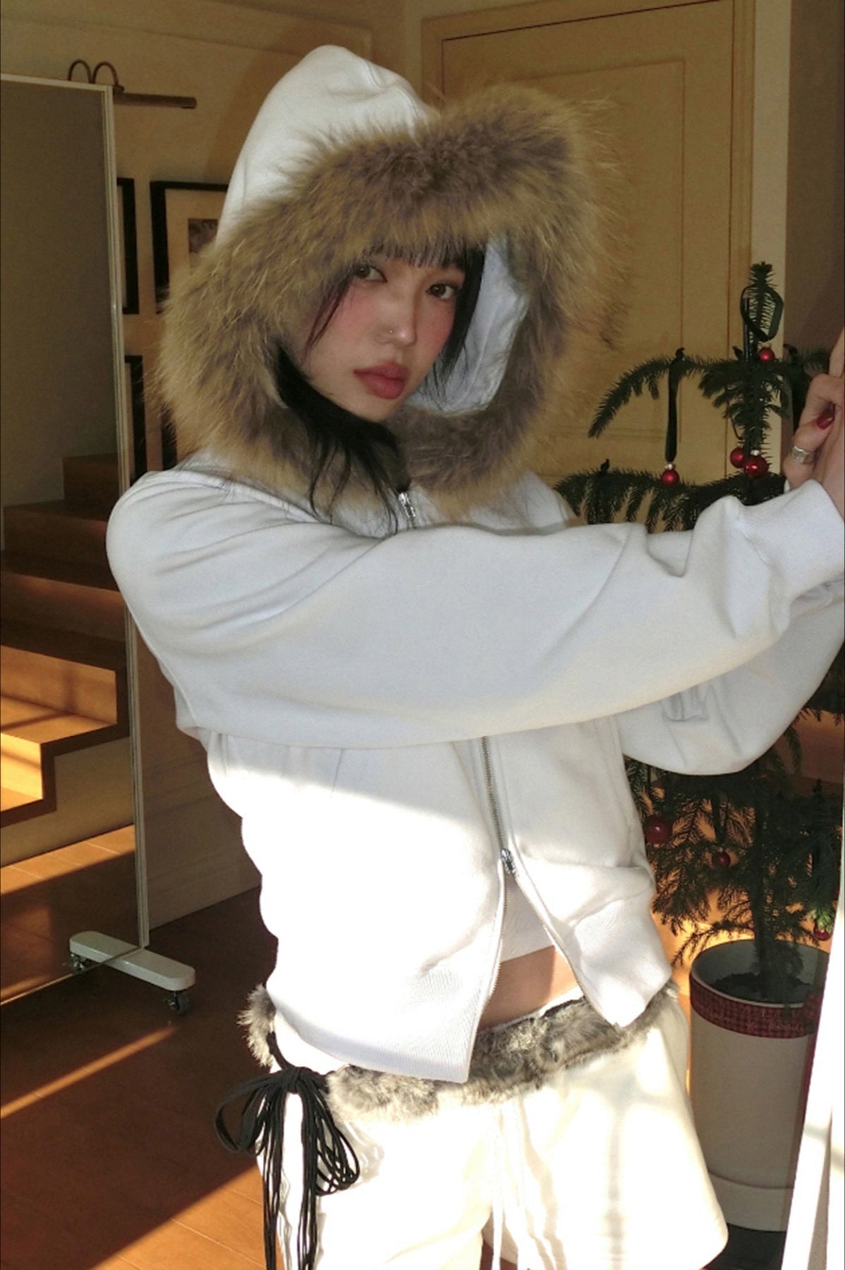Retro Fuzzy Panel Velvet Zip-Up Hoodie