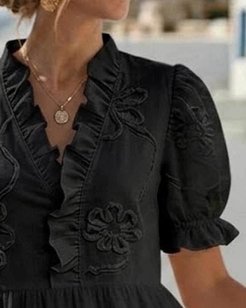 V-Neck Floral Embroidered Ruffle Puff Sleeve Tiered Mini Dress 5
