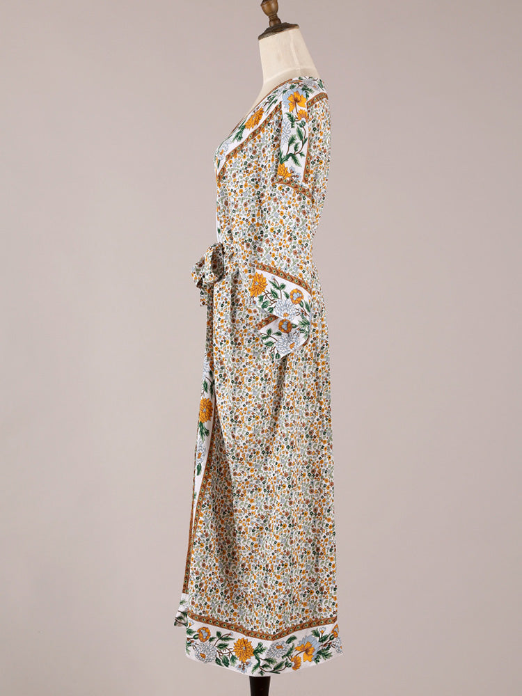 Floral Print Tie Waist Open Front Kimono Maxi Robe