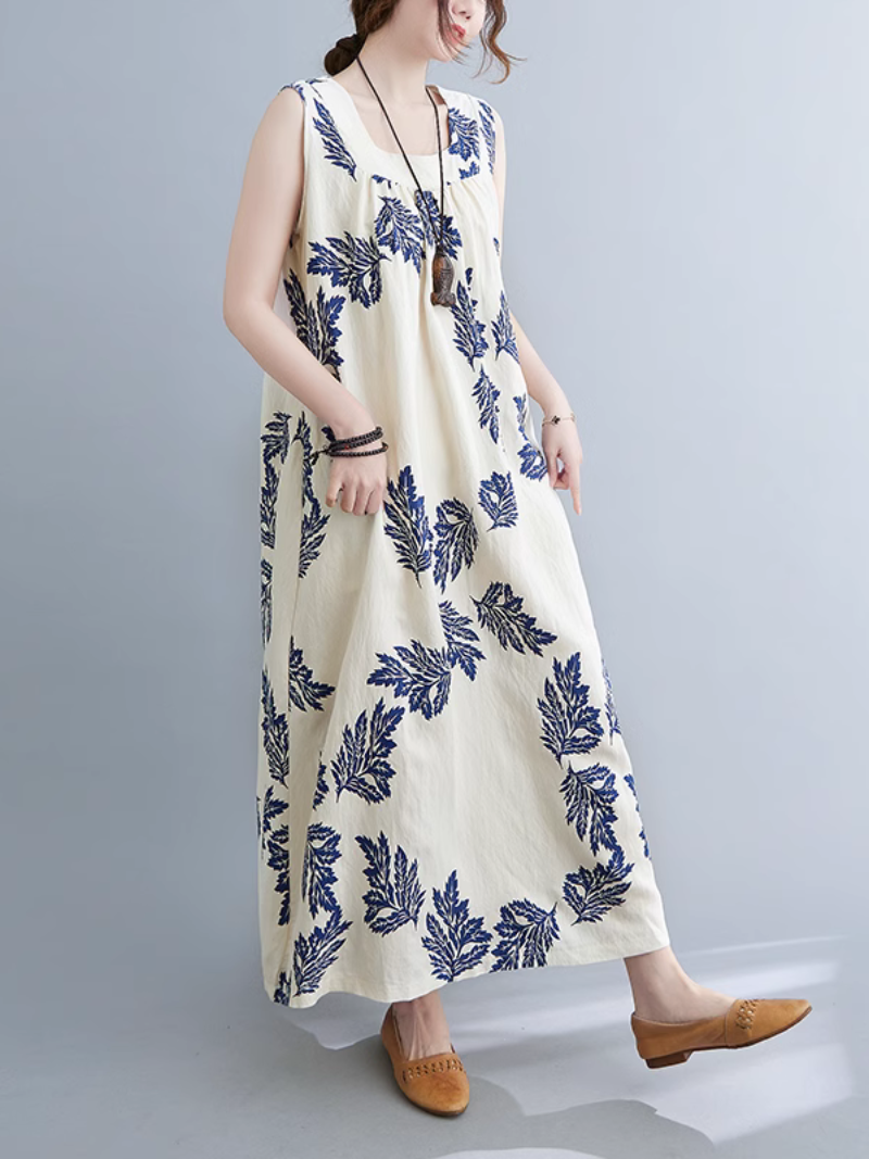 Square Neck Sleeveless Leaf Print Loose A-Line Maxi Dress 5
