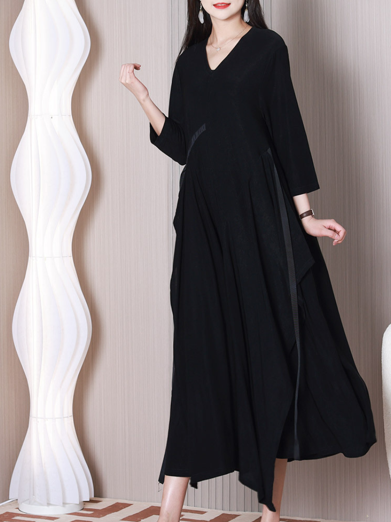 V-Neck Half Sleeve Draped Ruffle Asymmetric Loose A-Line Midi Dress