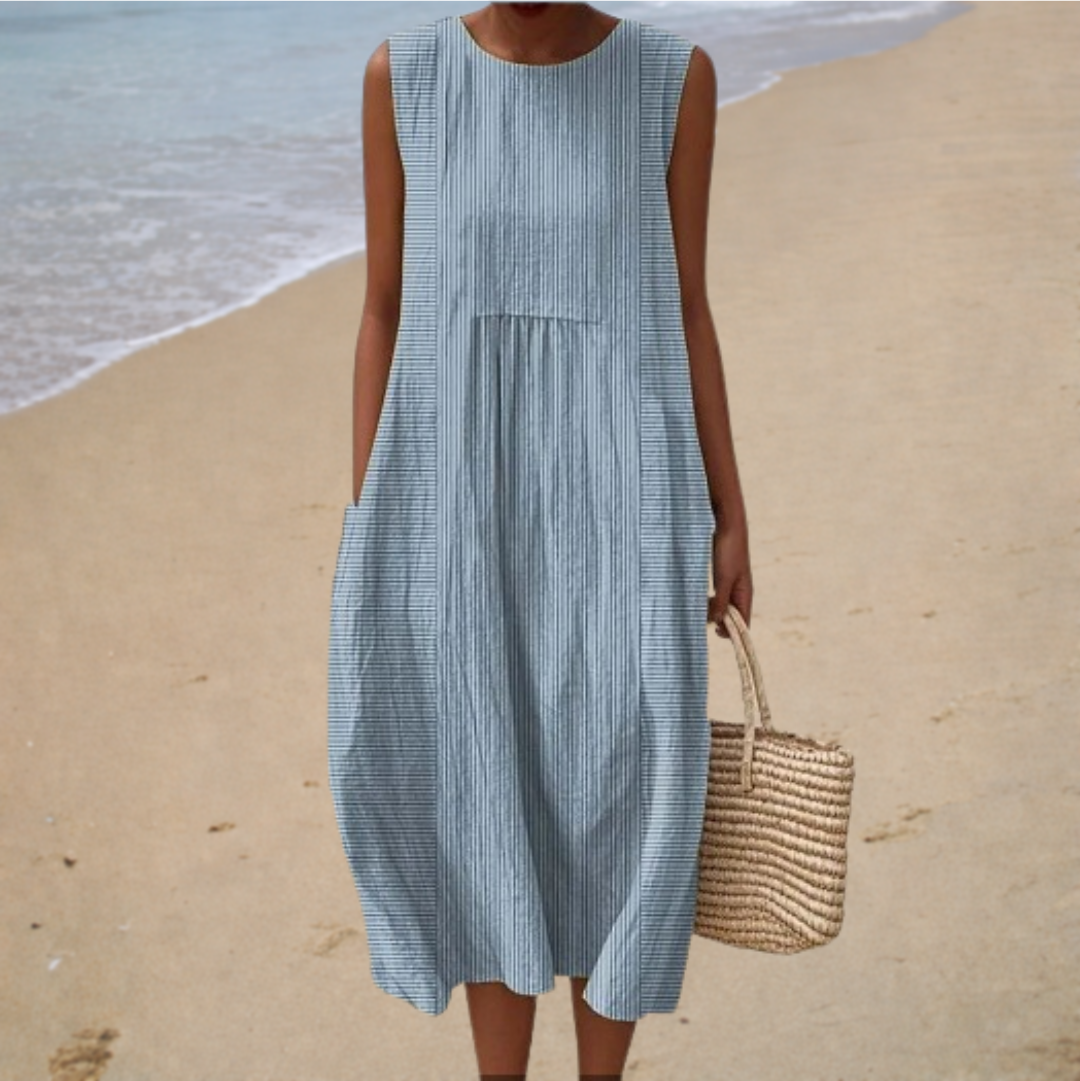 Crew Neck Pinstripe Textured Pocket Cocoon Midi Dress