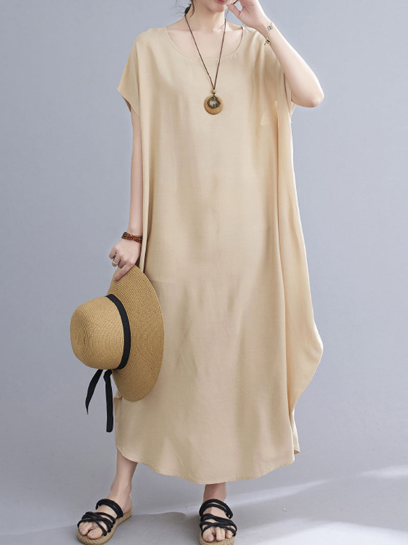 Round Neck Short Sleeve Loose Cocoon Maxi Dress 17