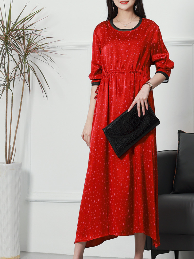 Round Neck Star Print Satin Drawstring Waist A-Line Maxi Dress
