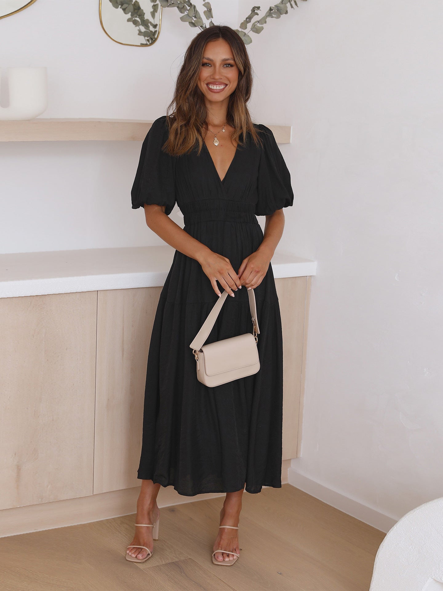 Claudia Exclusive Ruffle Midi Dress with V Neck and Puff Sleeves Premium Wardrobe Essential