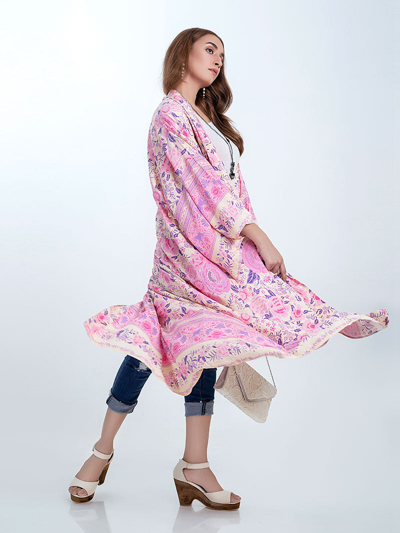 Pink Floral Print Border Trim Wide Sleeve Long Kimono
