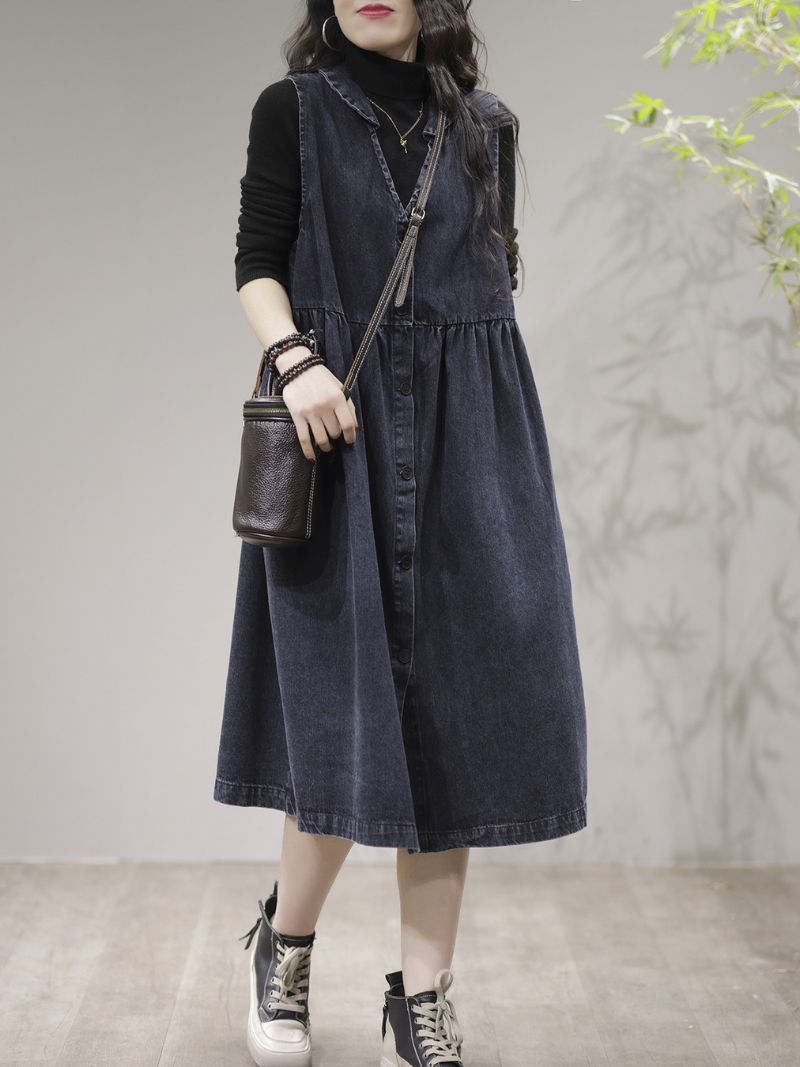V-Neck Sleeveless Button Front Denim Smock A-Line Midi Dress