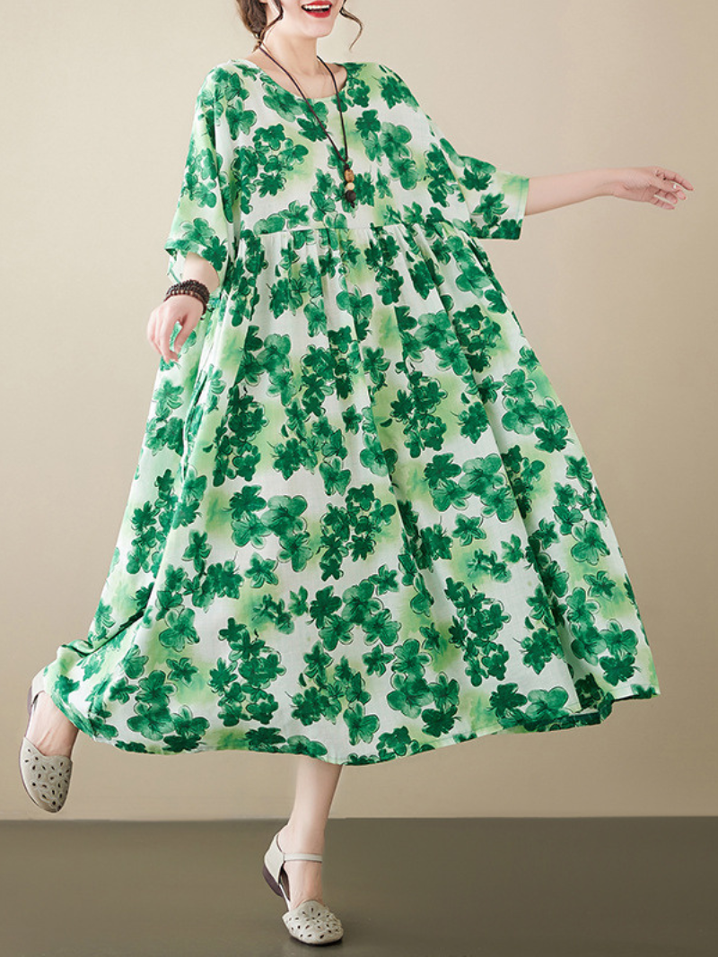 Green Round Neck Floral Print Short Sleeve Empire Smock Midi Dress 4