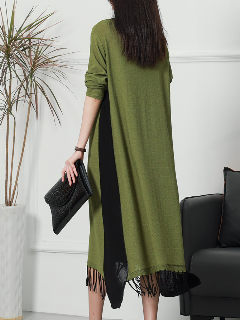 Round Neck Knit Fringe Hem Long Sleeve Loose Sweater Midi Dress 7