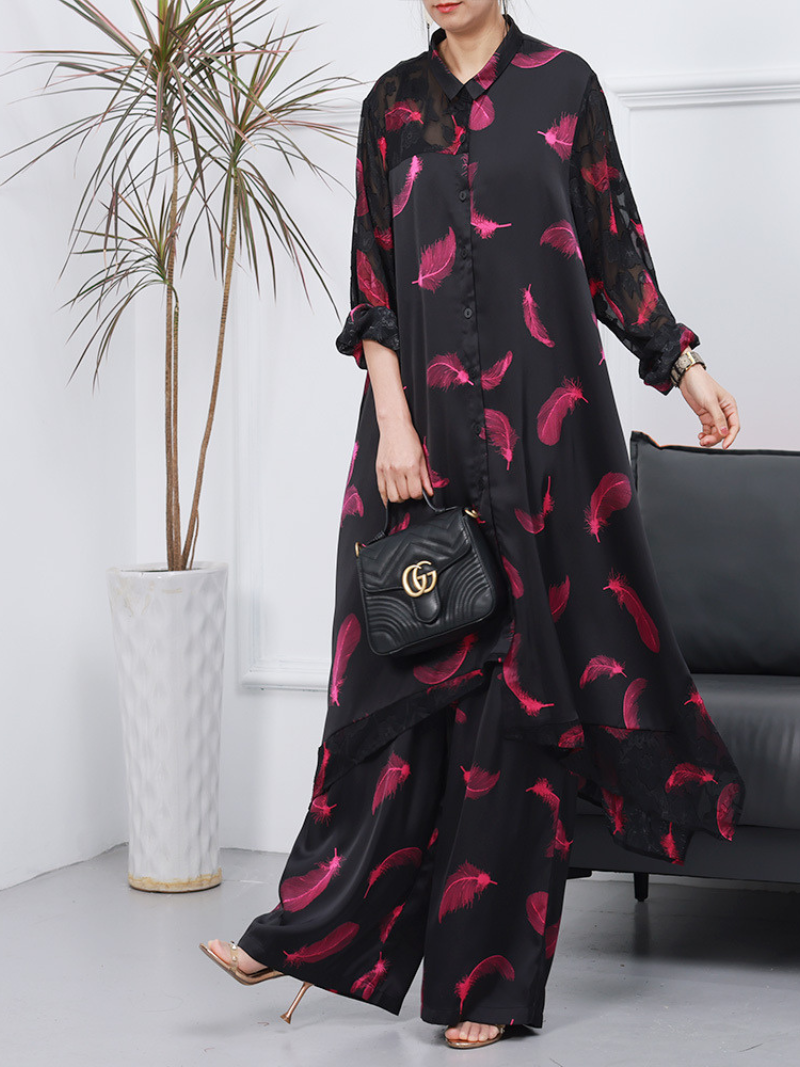 Collared Feather Print Longline Tunic Wide-Leg Pants Set