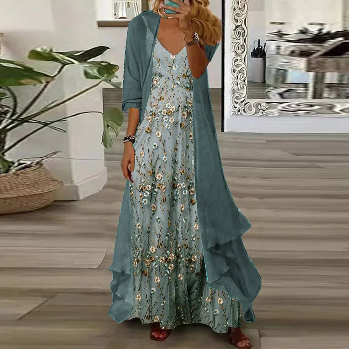 V-Neck Floral Sleeveless Maxi Dress Chiffon Duster Set