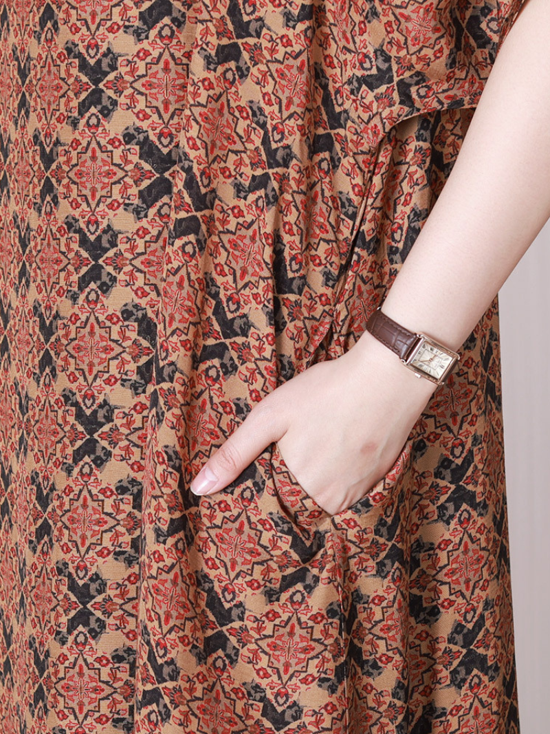Red Round Neck Short Sleeve Floral Yoke Printed Loose Shift Midi Dress 3