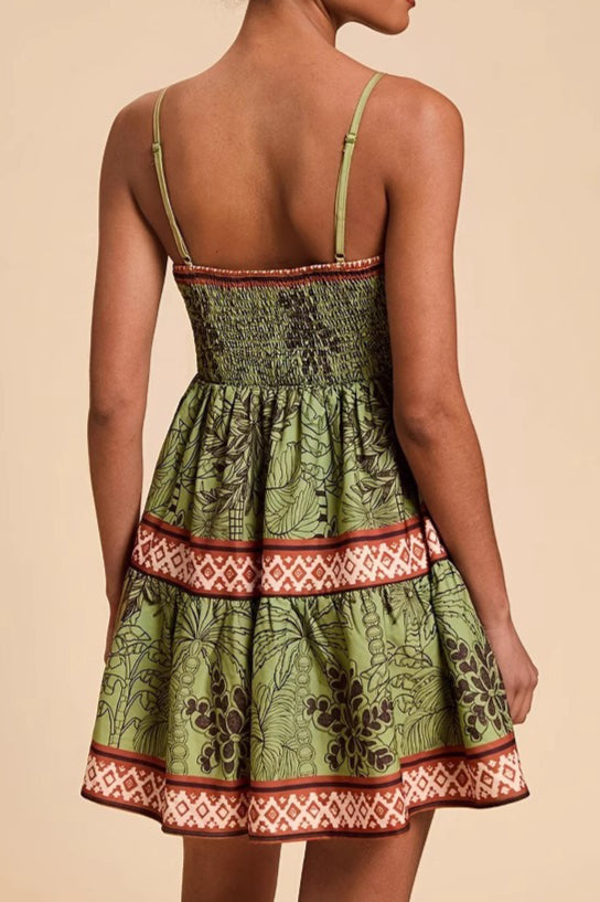 Green Spaghetti Strap Sweetheart Neck Geometric Trim Palm Print Tiered Mini Dress 2