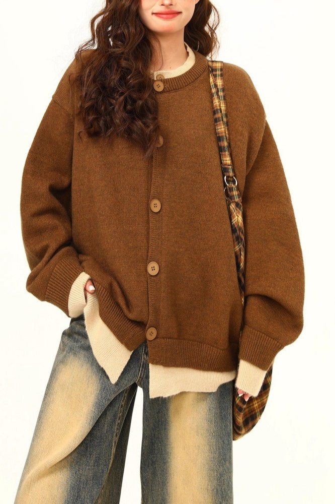 American Retro Fake Two-Piece Solid Cardigan
