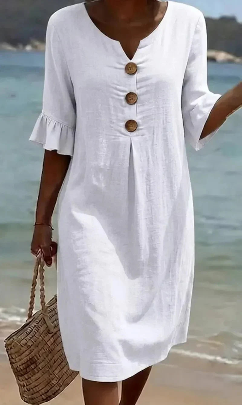 Notched Neck Wooden Button Ruffle Sleeve Shift Midi Dress