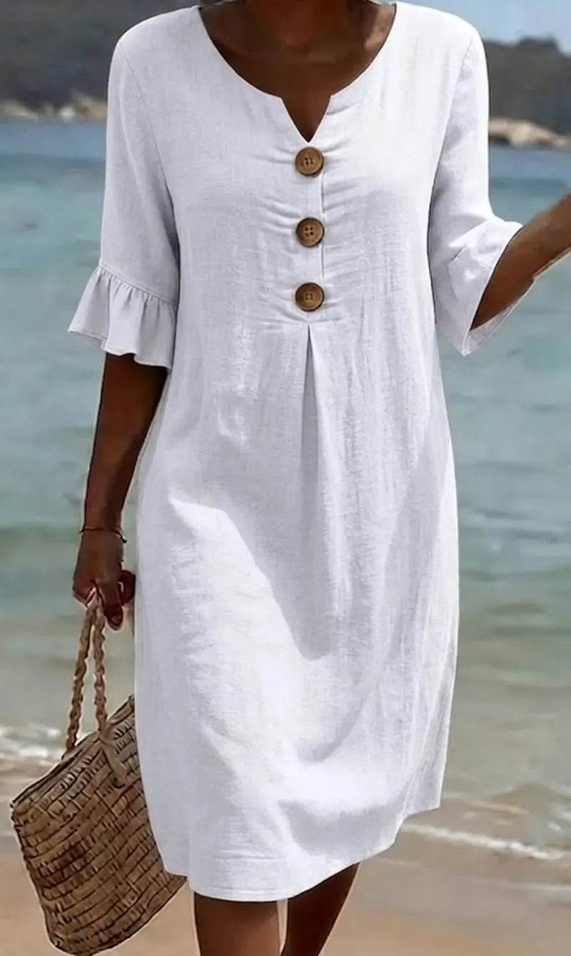 White Notch Neck Button Ruffle Sleeve Pleated Linen Shift Midi Dress