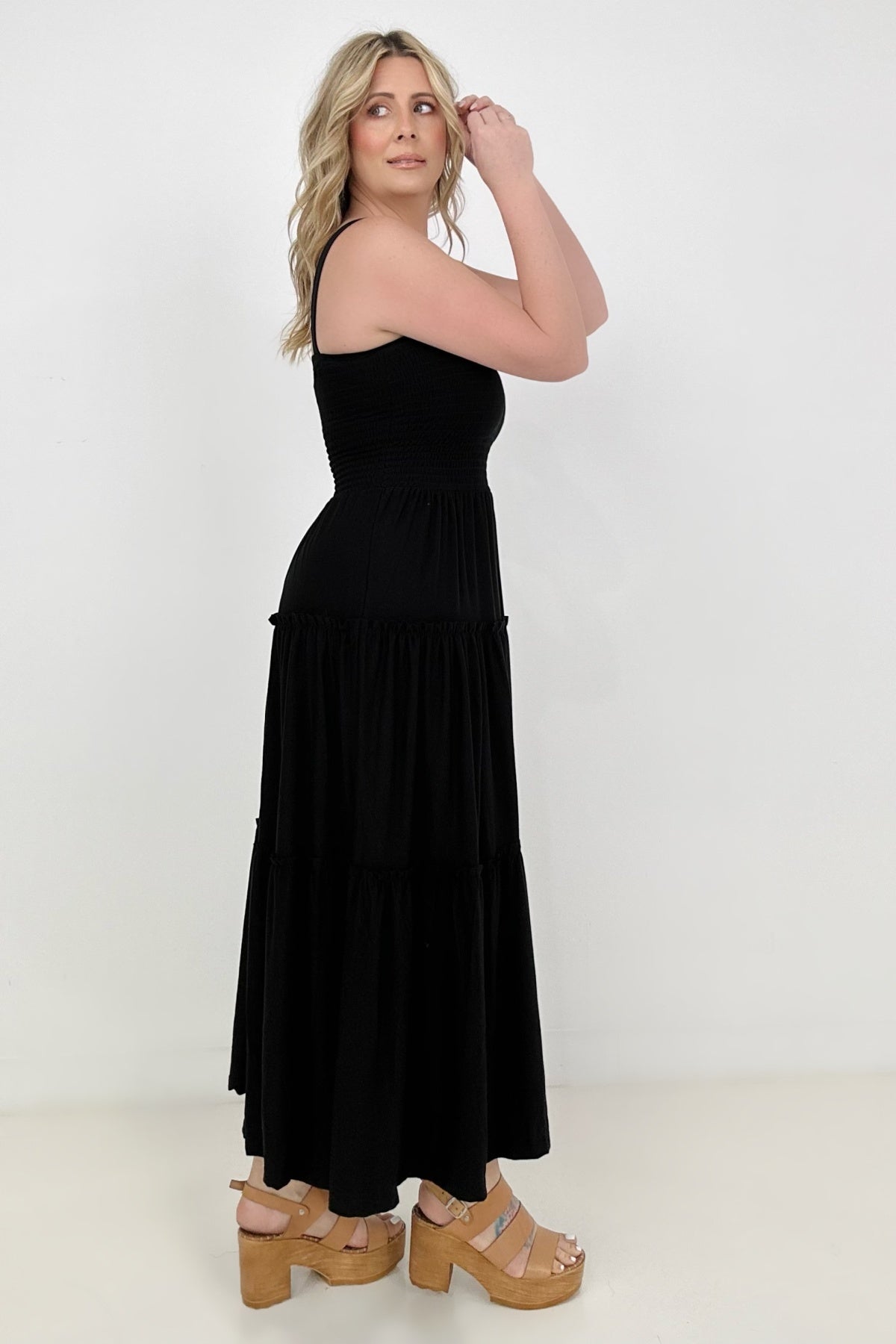 Square Neck Smocked Tiered A-Line Maxi Dress