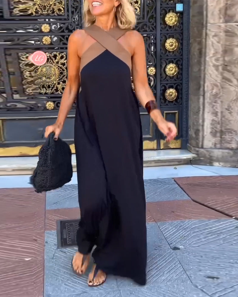 Cross Front Halter Neck Colorblock Sleeveless A-Line Maxi Dress