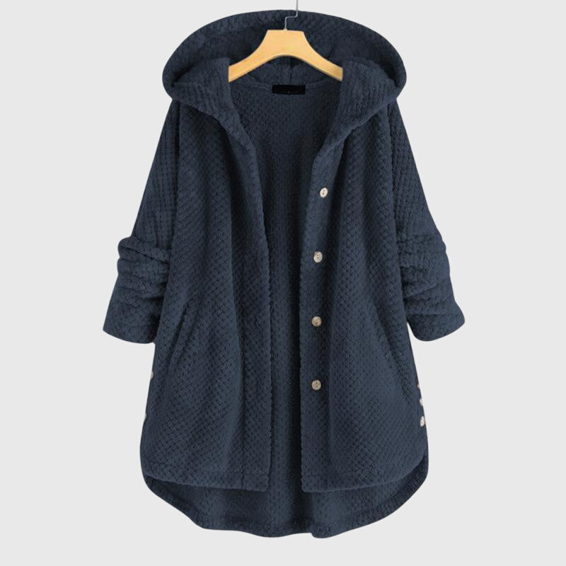 Hooded Fleece Button Front Long Sleeve High-Low Jacket