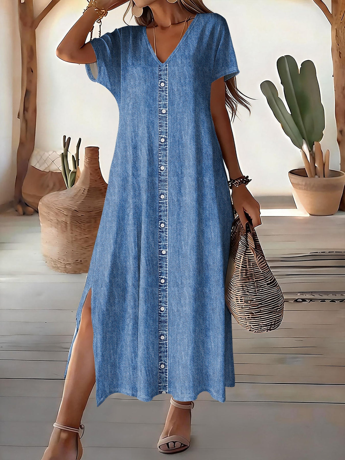 Blue V-Neck Button Front Denim Short Sleeve Side Slit Maxi Dress