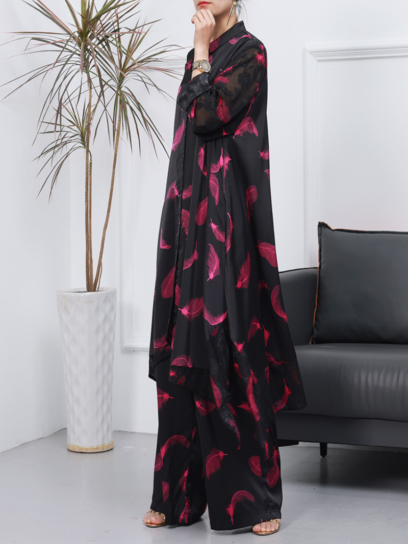 Collared Feather Print Longline Tunic Wide-Leg Pants Set