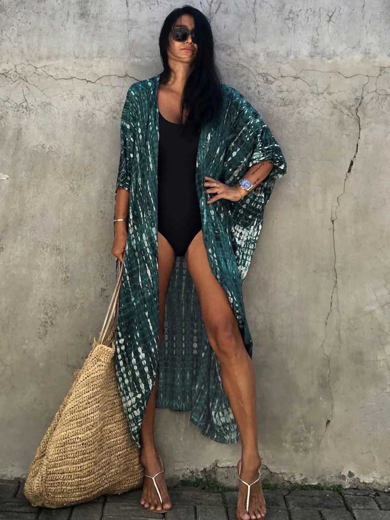Tie-Dye Print Belted Short Sleeve Long Kimono Duster Robe 20