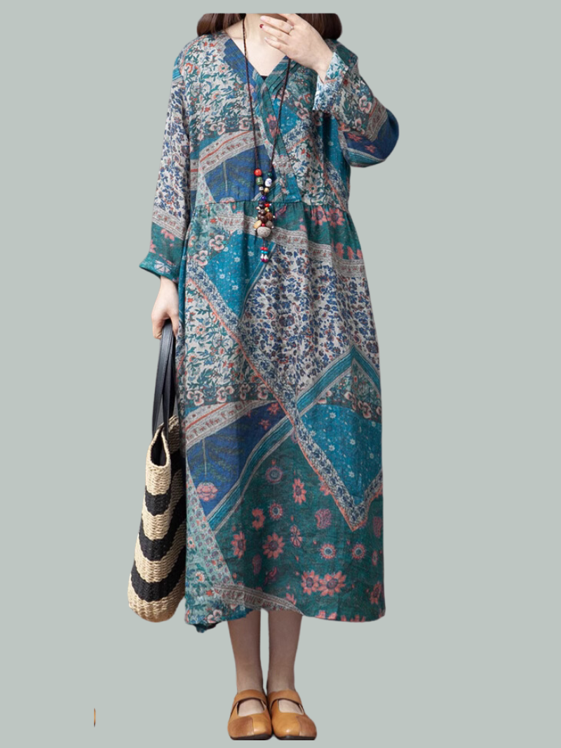 V-Neck Floral Print Long Sleeve Loose A-Line Midi Dress 4