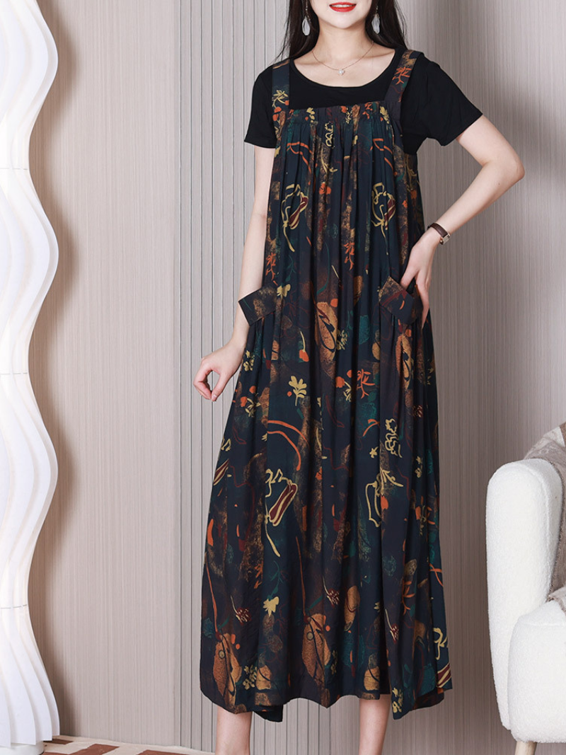 Coffee Wide Strap Floral Print Pocket Loose Pinafore Maxi Dress