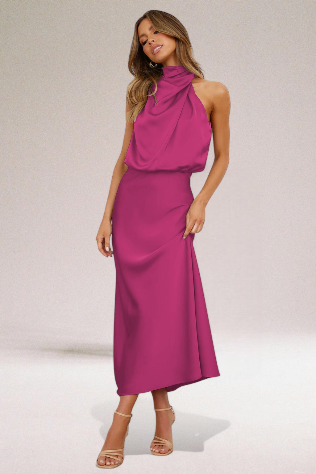 High Neck Satin Draped Cowl Sleeveless Column Maxi Dress 5
