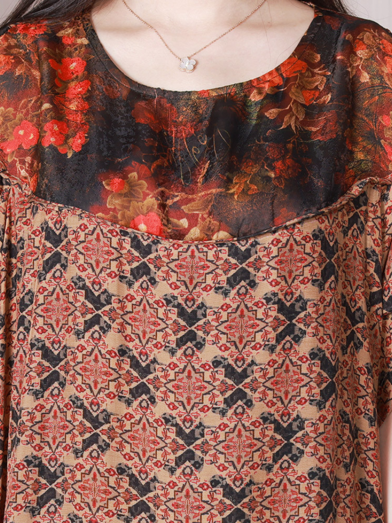 Red Round Neck Short Sleeve Floral Yoke Printed Loose Shift Midi Dress 4